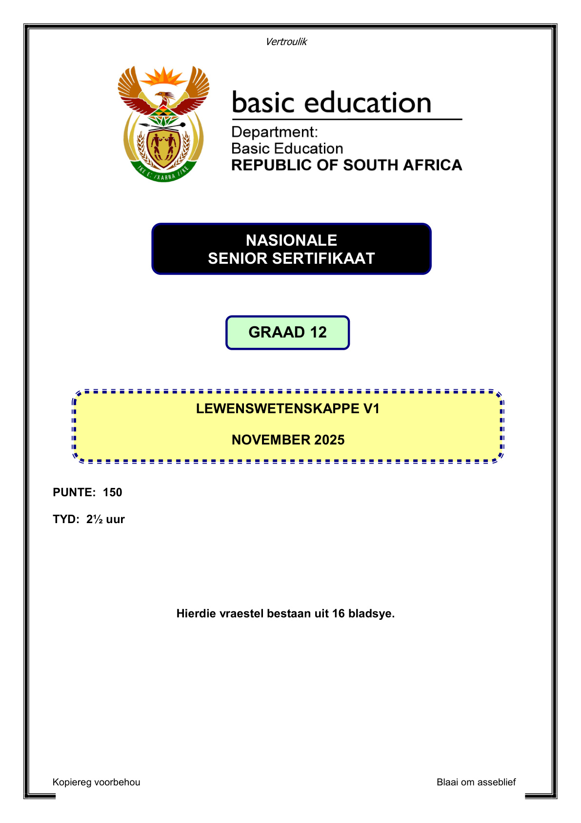 Life Sciences Grade 12 DBE NSC November 2025 Paper 1 - Question Paper (Eastern Cape)