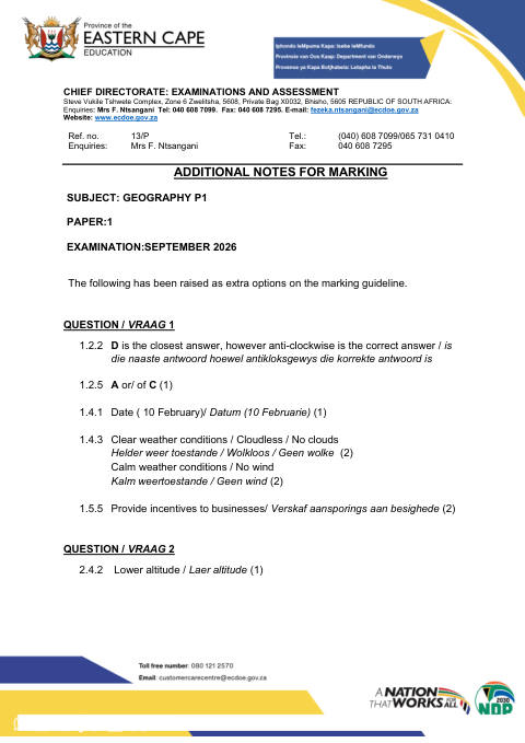 Geography Grade 12 DBE Caps September 2026 Paper 1 - Memo (Eastern Cape)