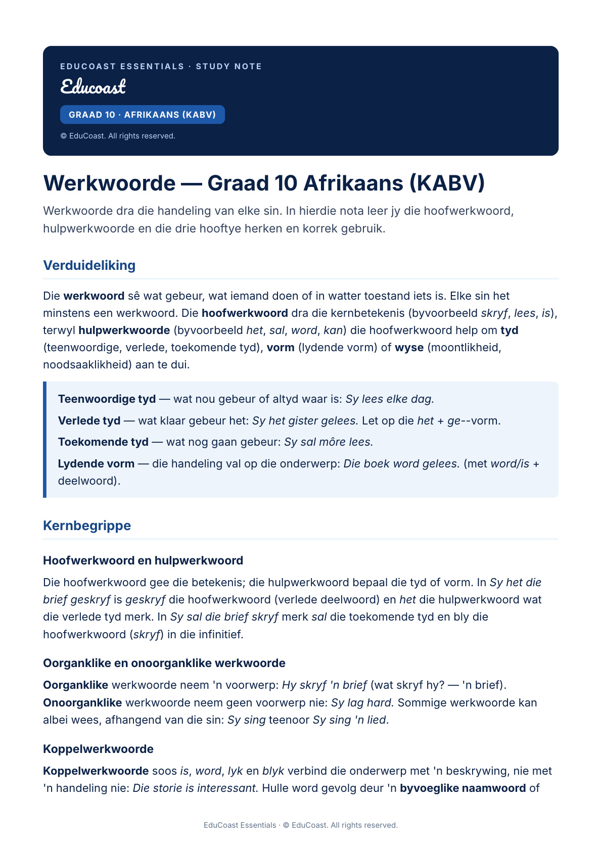 Werkwoorde — Graad 10 Afrikaans (Kabv)