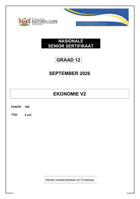 Economics Grade 12 DBE Caps September 2026 Paper 2 - Question Paper (Eastern Cape)