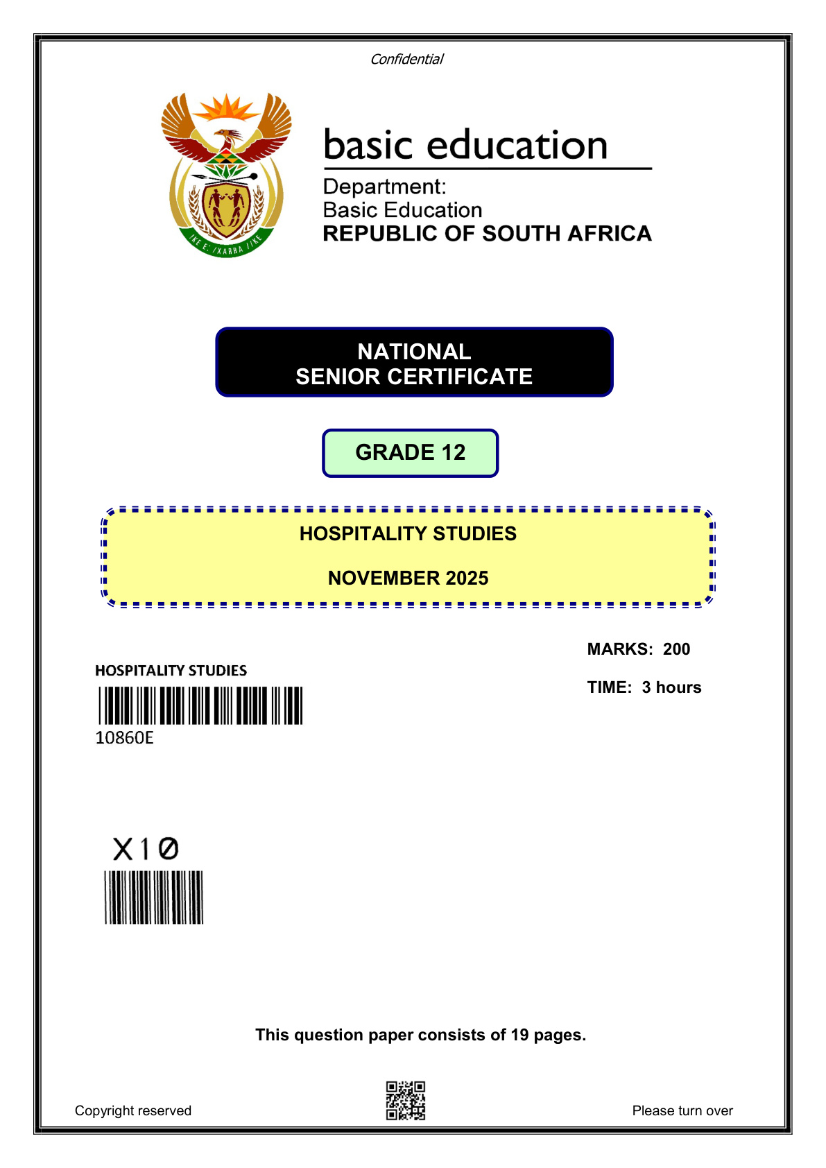 Hospitality Studies (Gauteng) November 2025 Grade 12 DBE