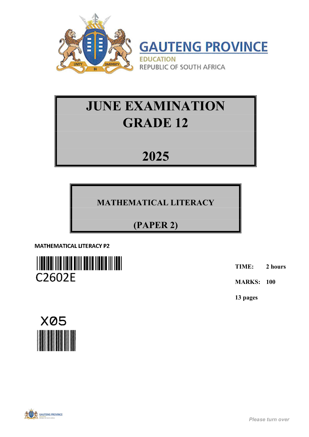 Mathematical Literacy Paper 2 (Gauteng) June 2025 Grade 12 DBE