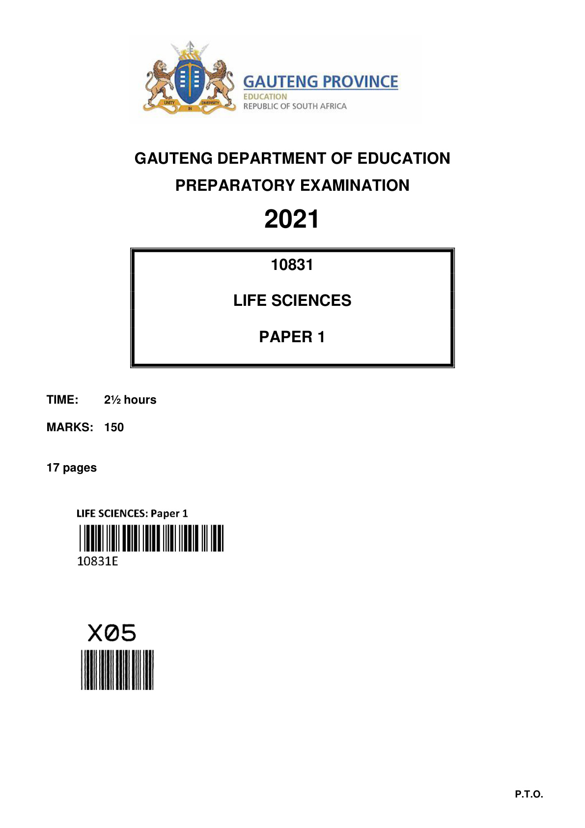 Life Sciences Paper 1 (Gauteng) Preparatory 2021 Grade 12 DBE