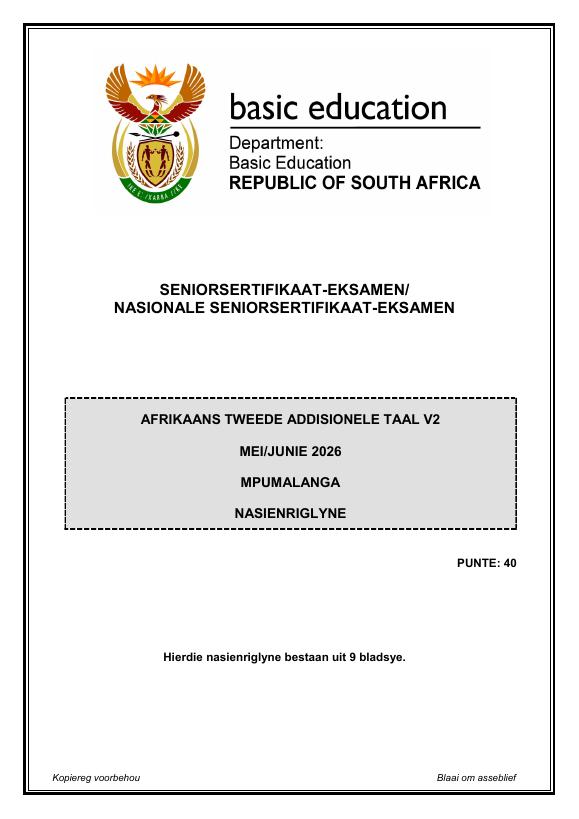 Afrikaans Second Additional Language Grade 12 DBE CAPS May 2026 Paper 2 - Memo (Mpumalanga)