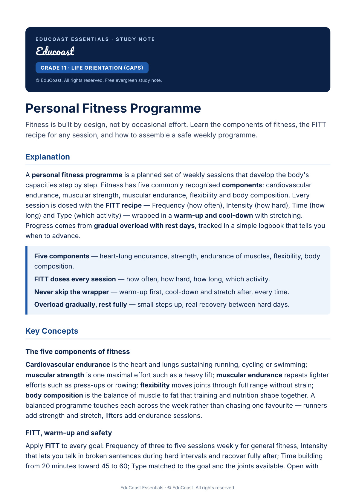 Fitness Programme — Grade 11 Life Orientation (Caps)