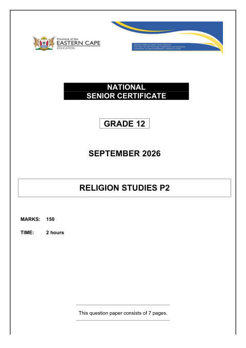 Religion Studies Grade 12 DBE Caps September 2026 Paper 2 - Question Paper (Eastern Cape)
