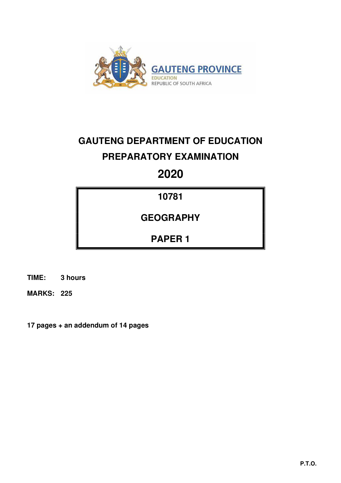 Geography Paper 1 (Gauteng) Preparatory 2020 Grade 12 DBE