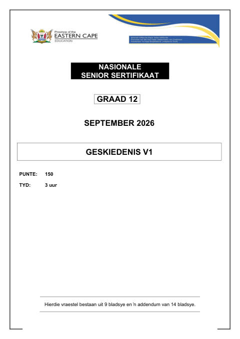 History Grade 12 DBE Caps September 2026 Paper 1 - Question Paper (Eastern Cape)