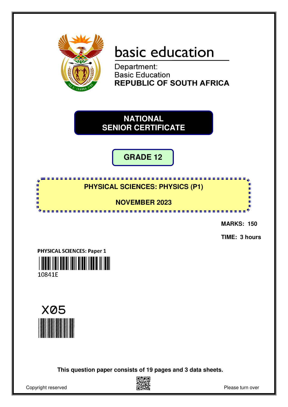 Physical Sciences Paper 1 (Gauteng) November 2023 Grade 12 DBE