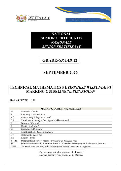 Mathematics Grade 12 DBE Caps September 2026 Paper 1 - Memo (Eastern Cape)