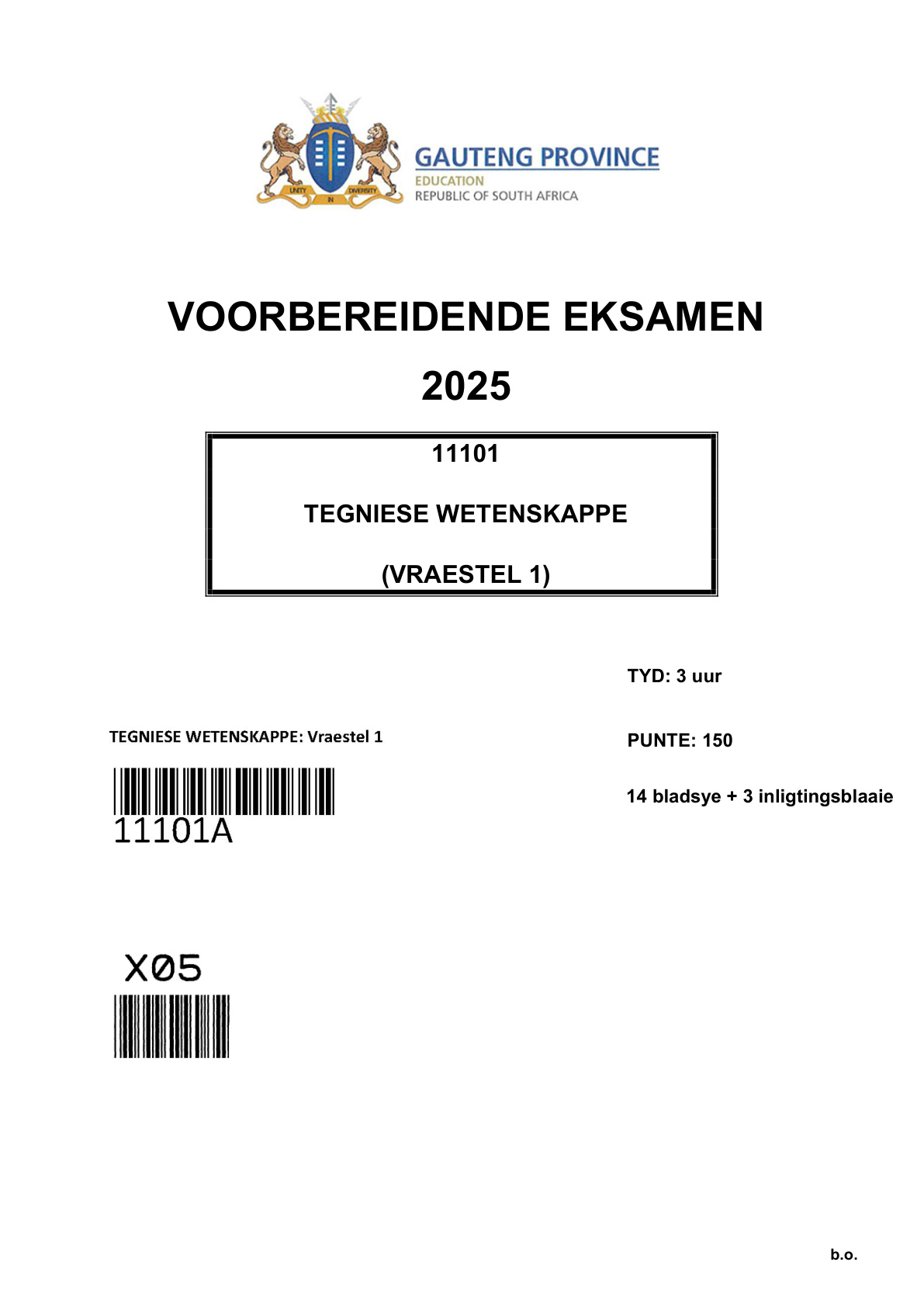 Technical Sciences Paper 1 (Gauteng) Preparatory 2025 Grade 12 DBE
