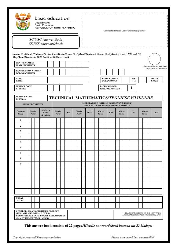 Technical Mathematics Grade 12 DBE Caps May 2026 Paper 1 - Answer Book