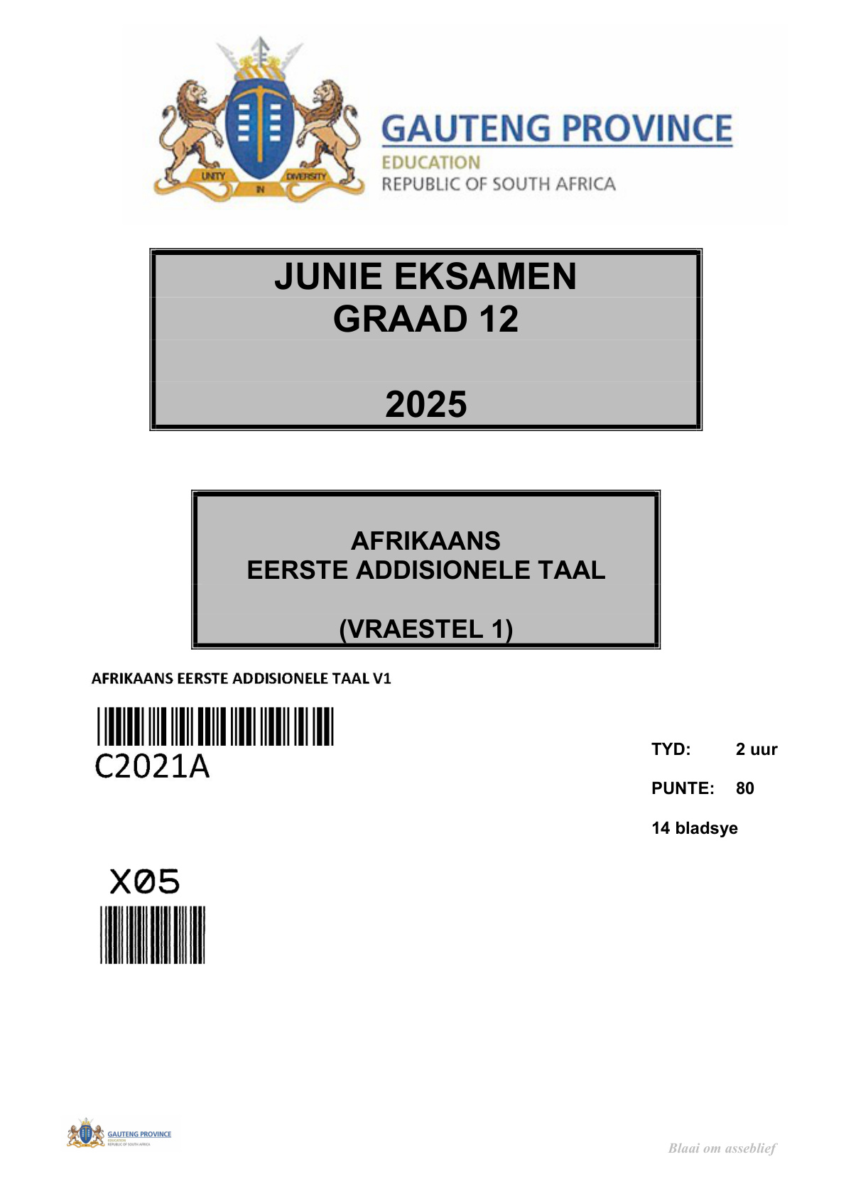 Afrikaans First Additional Language Paper 1 (Gauteng) June 2025 Grade 12 DBE