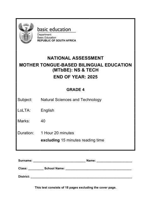 Natural Sciences And Technology Grade 4 DBE Caps November 2025 - Question Paper (Eastern Cape)