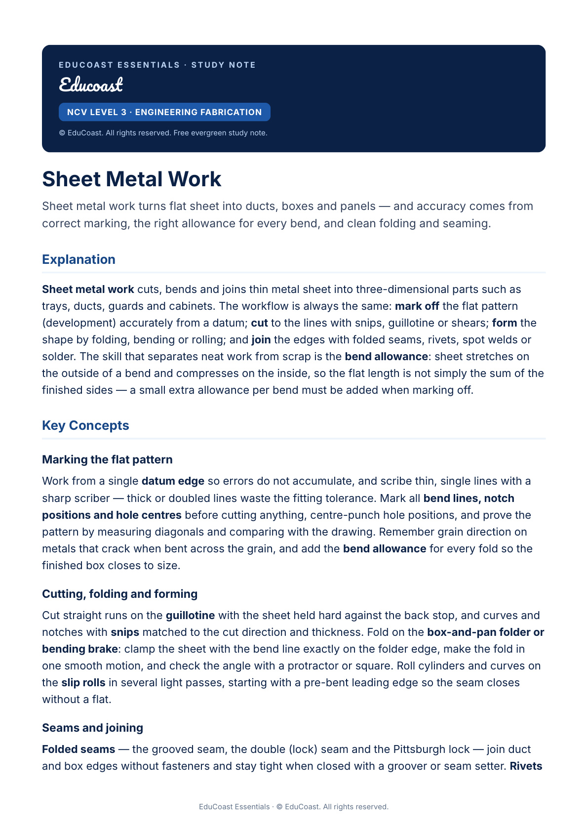 Sheet Metal Work — NCV Level 3 Engineering Fabrication