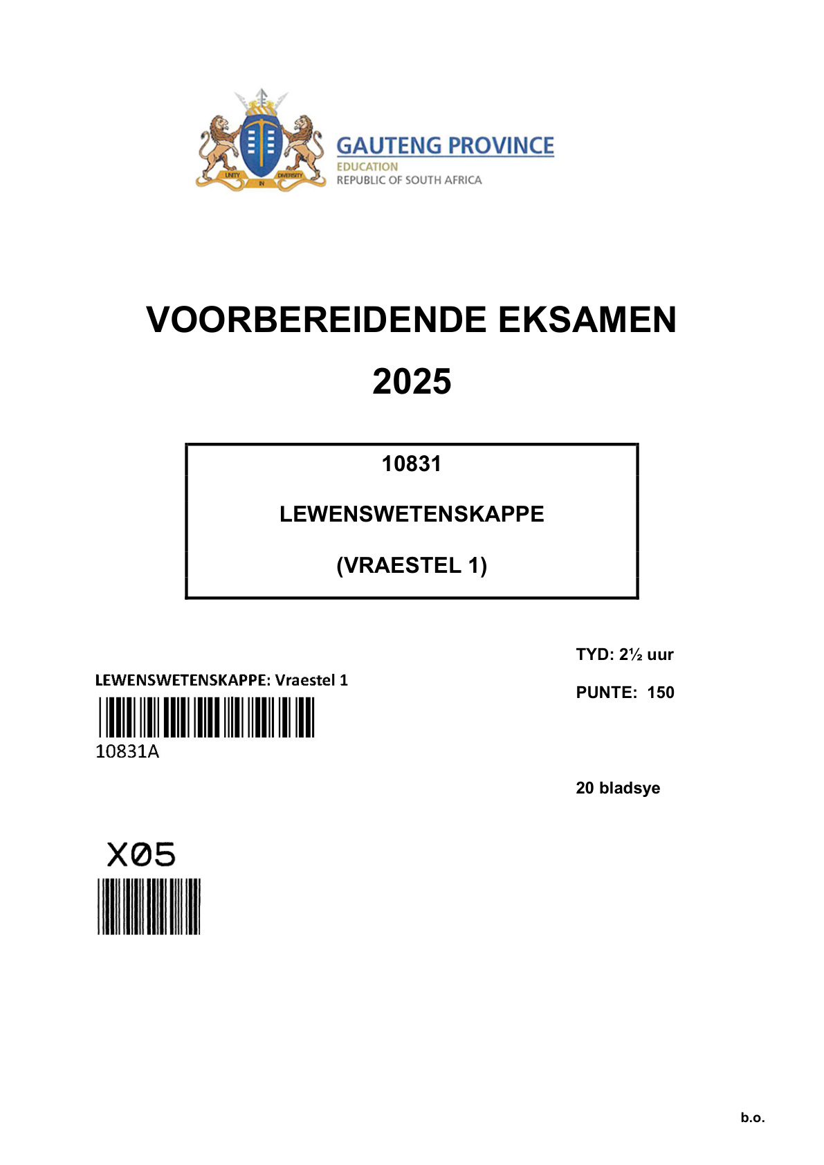 Life Sciences Paper 1 (Gauteng) Preparatory 2025 Grade 12 DBE