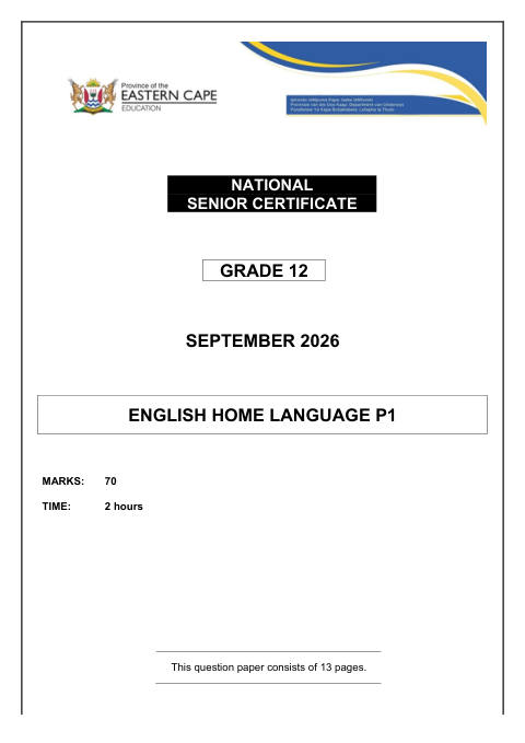 English Home Language Grade 12 DBE Caps September 2026 Paper 1 - Question Paper (Eastern Cape)