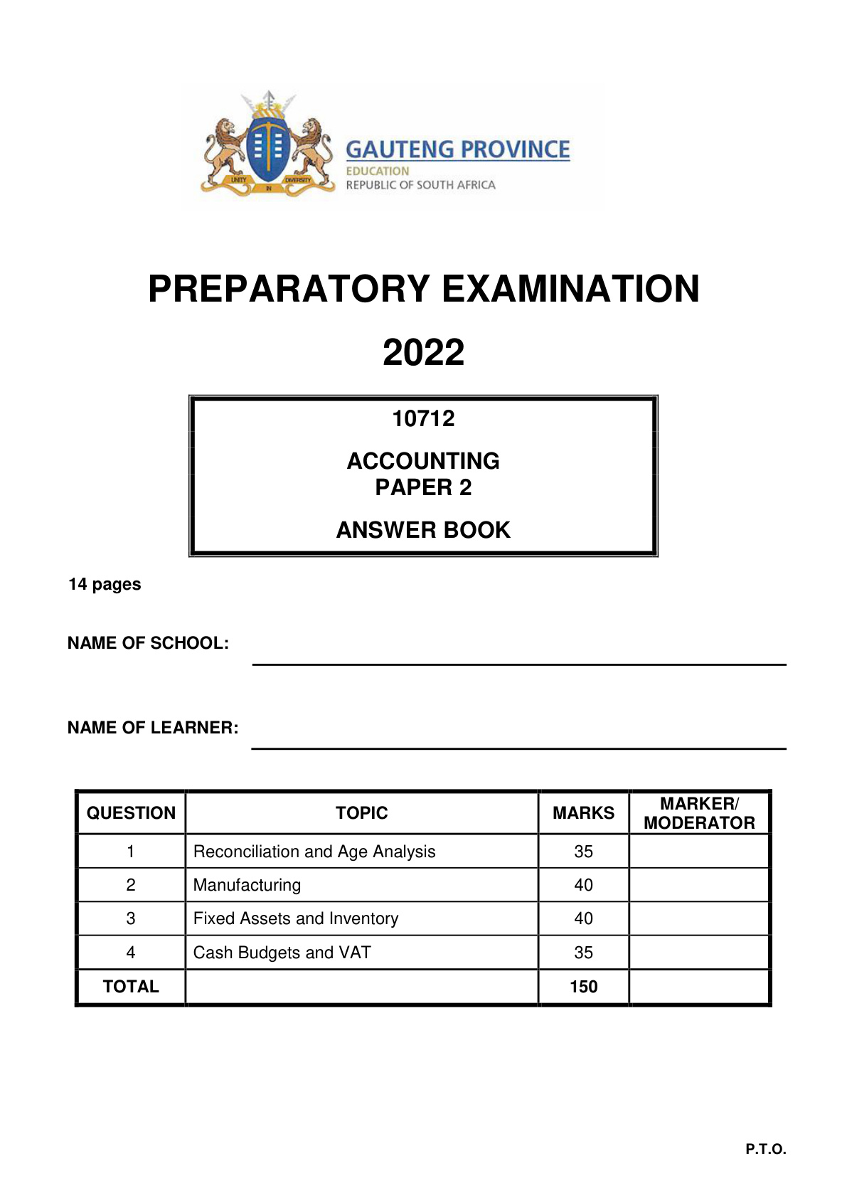 Accounting Paper 2 Answer Book (Gauteng) Preparatory 2022 Grade 12 DBE