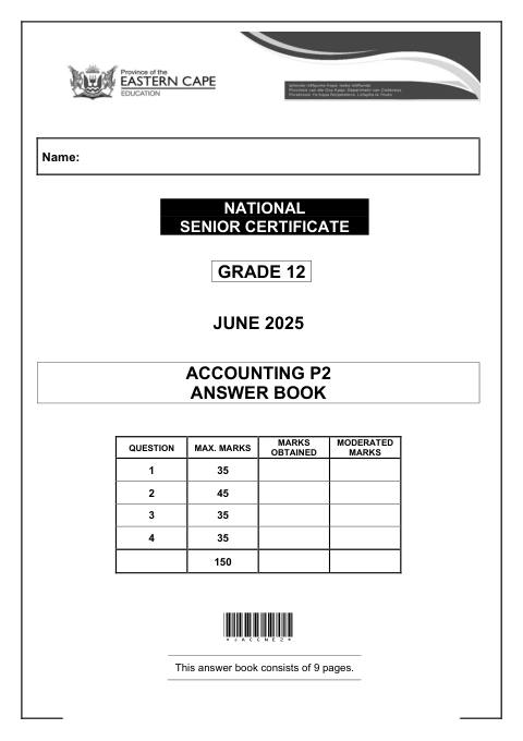 Accounting Grade 12 DBE Caps May/June 2025 Paper 2 - Answer Book (Eastern Cape)
