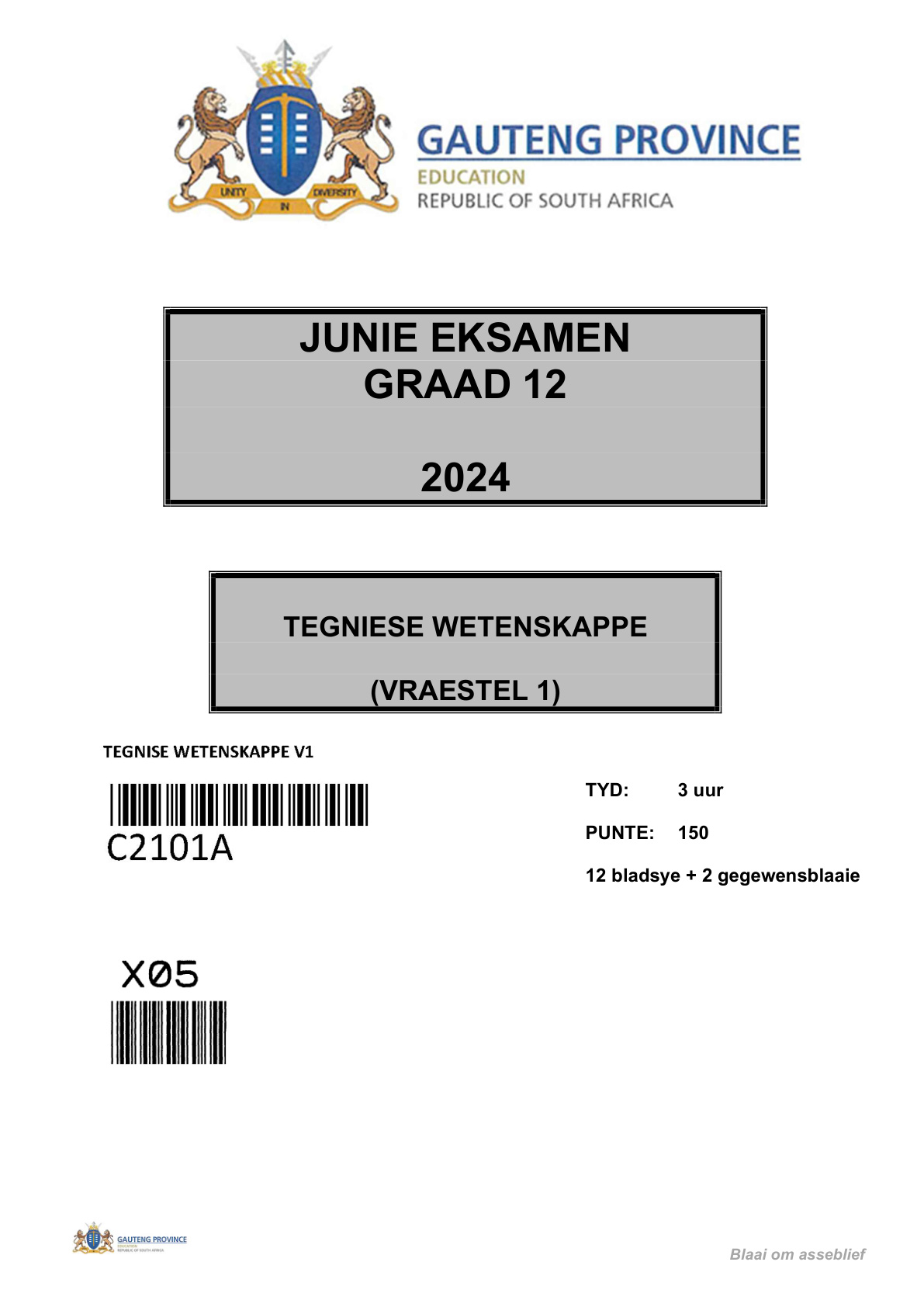 Technical Sciences Paper 1 (Gauteng) June 2024 Grade 12 DBE