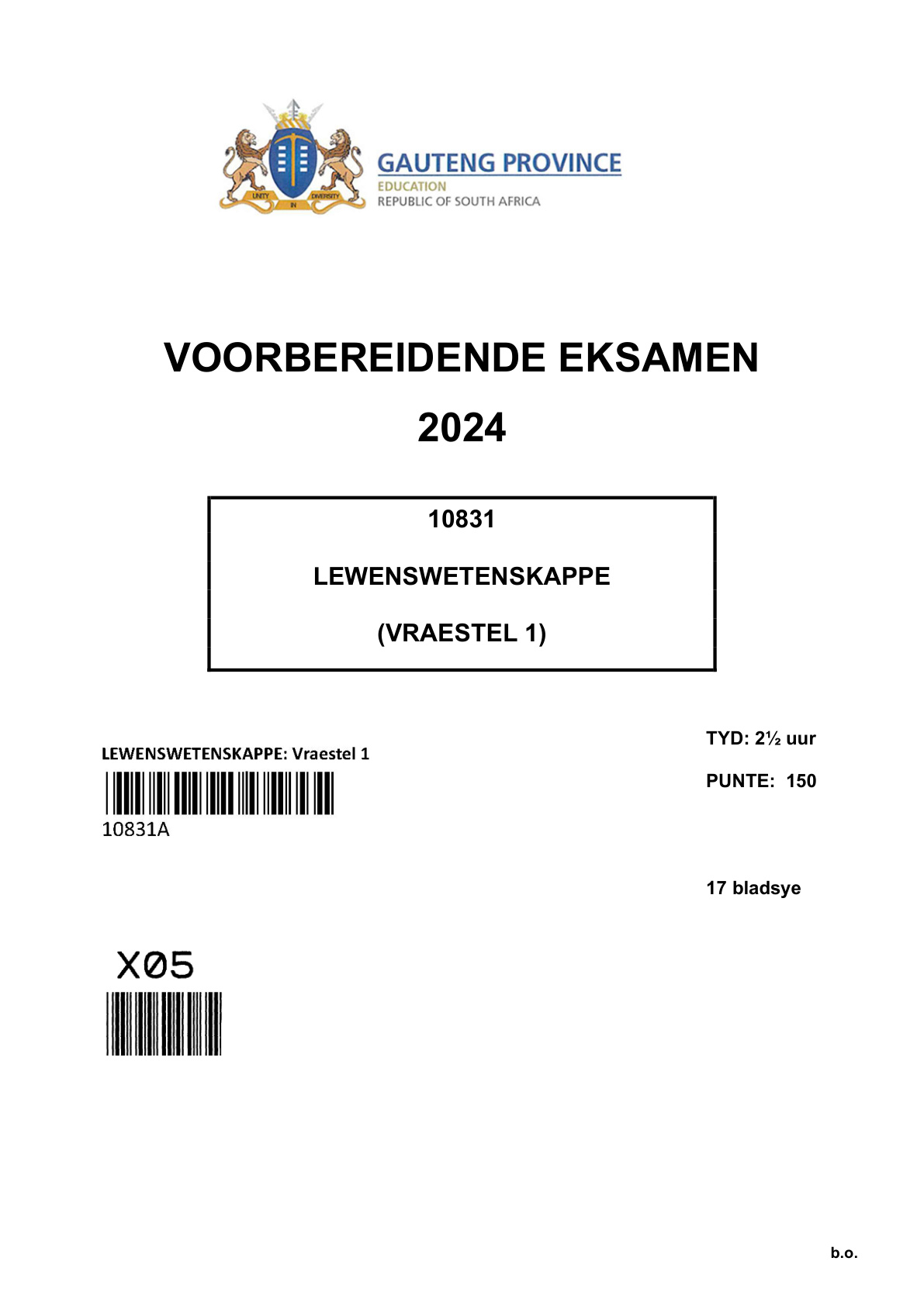 Life Sciences Paper 1 (Gauteng) Preparatory 2024 Grade 12 DBE