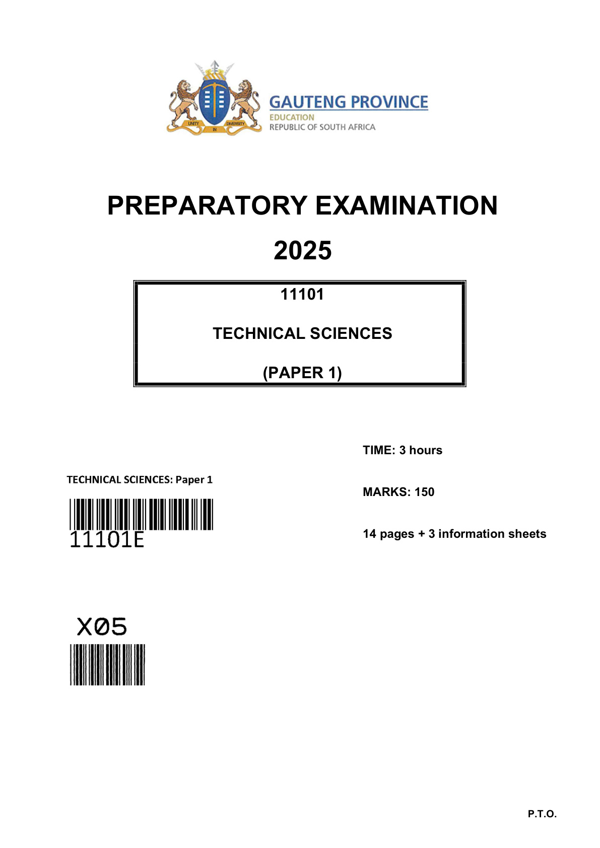 Technical Sciences Paper 1 (Gauteng) Preparatory 2025 Grade 12 DBE