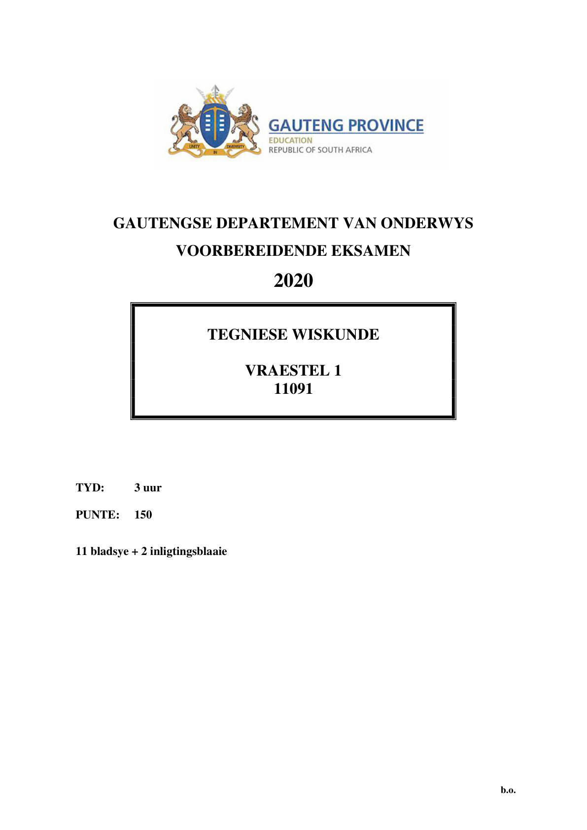 Technical Mathematics Paper 1 (Gauteng) Preparatory 2020 Grade 12 DBE