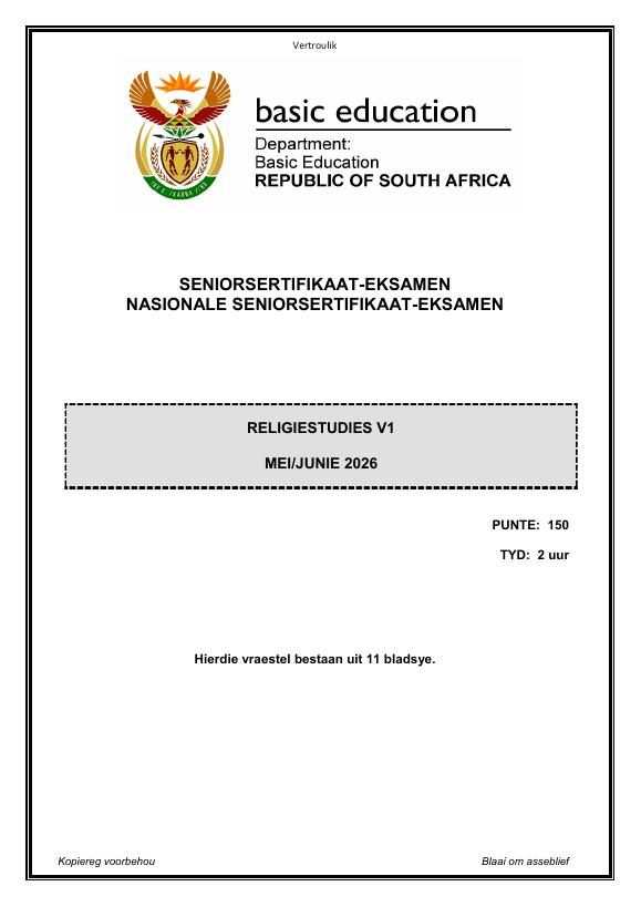 Religion Studies Grade 12 DBE CAPS May 2026 Paper 1 - Question Paper