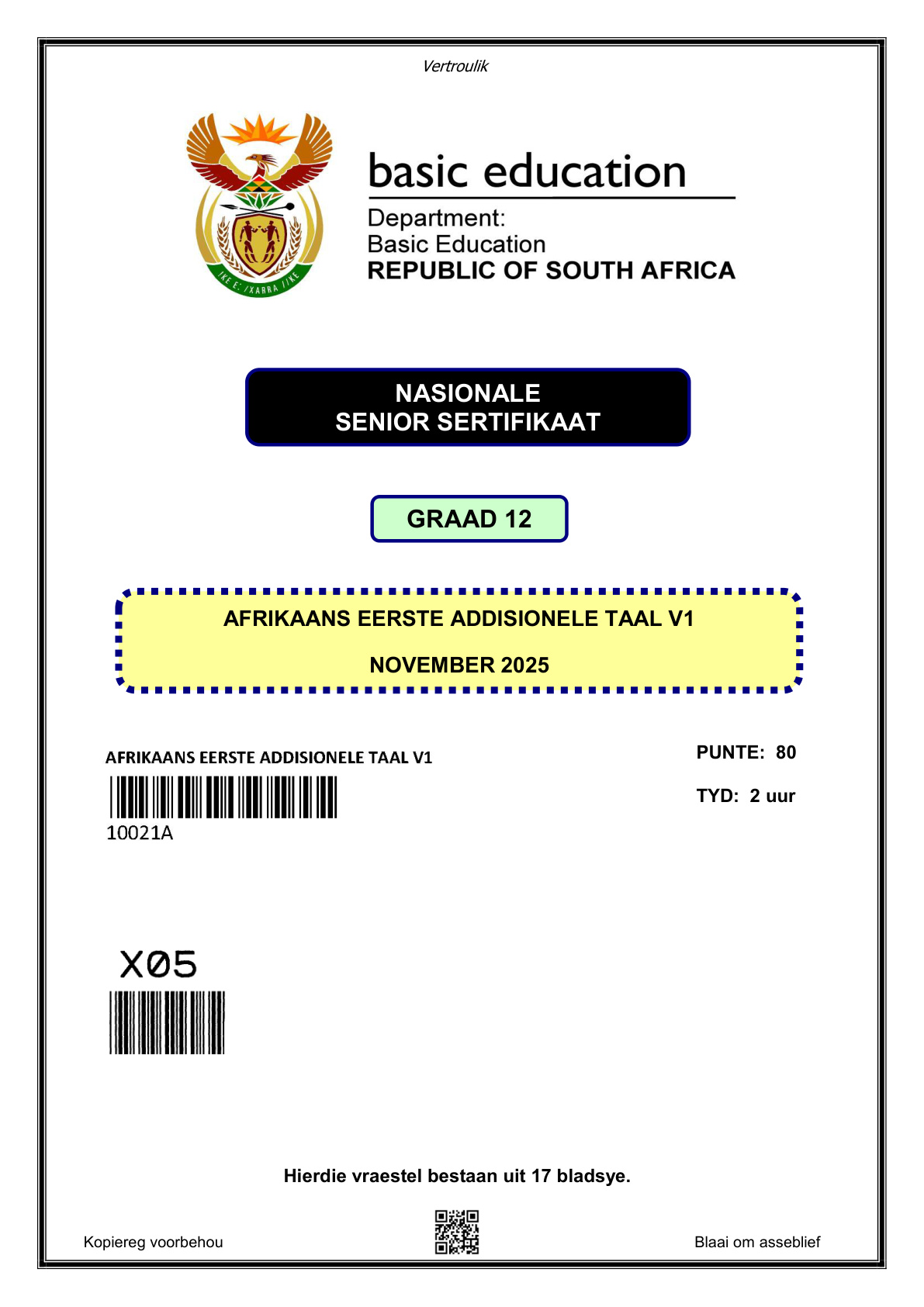 Afrikaans First Additional Language Paper 1 (Gauteng) November 2025 Grade 12 DBE