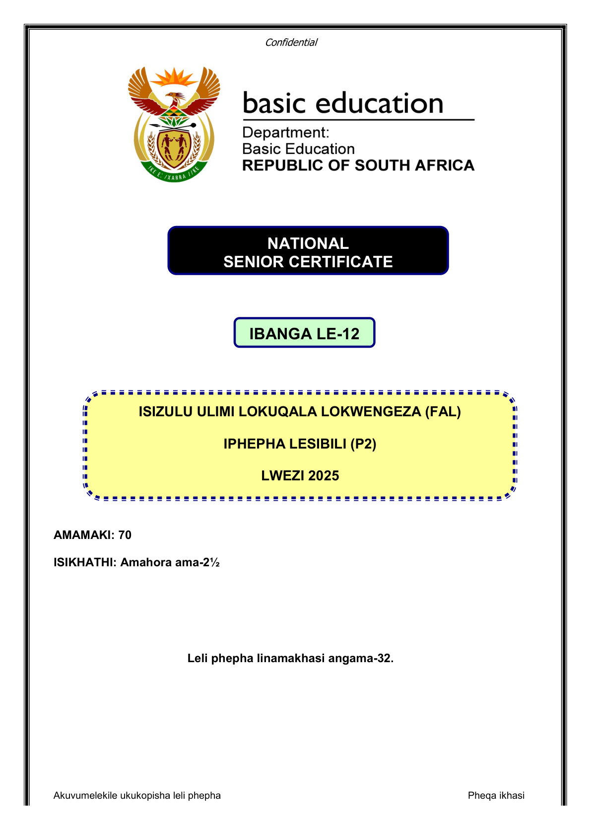 Isizulu First Additional Language Grade 12 DBE NSC November 2025 Paper 2 - Question Paper (Eastern Cape)