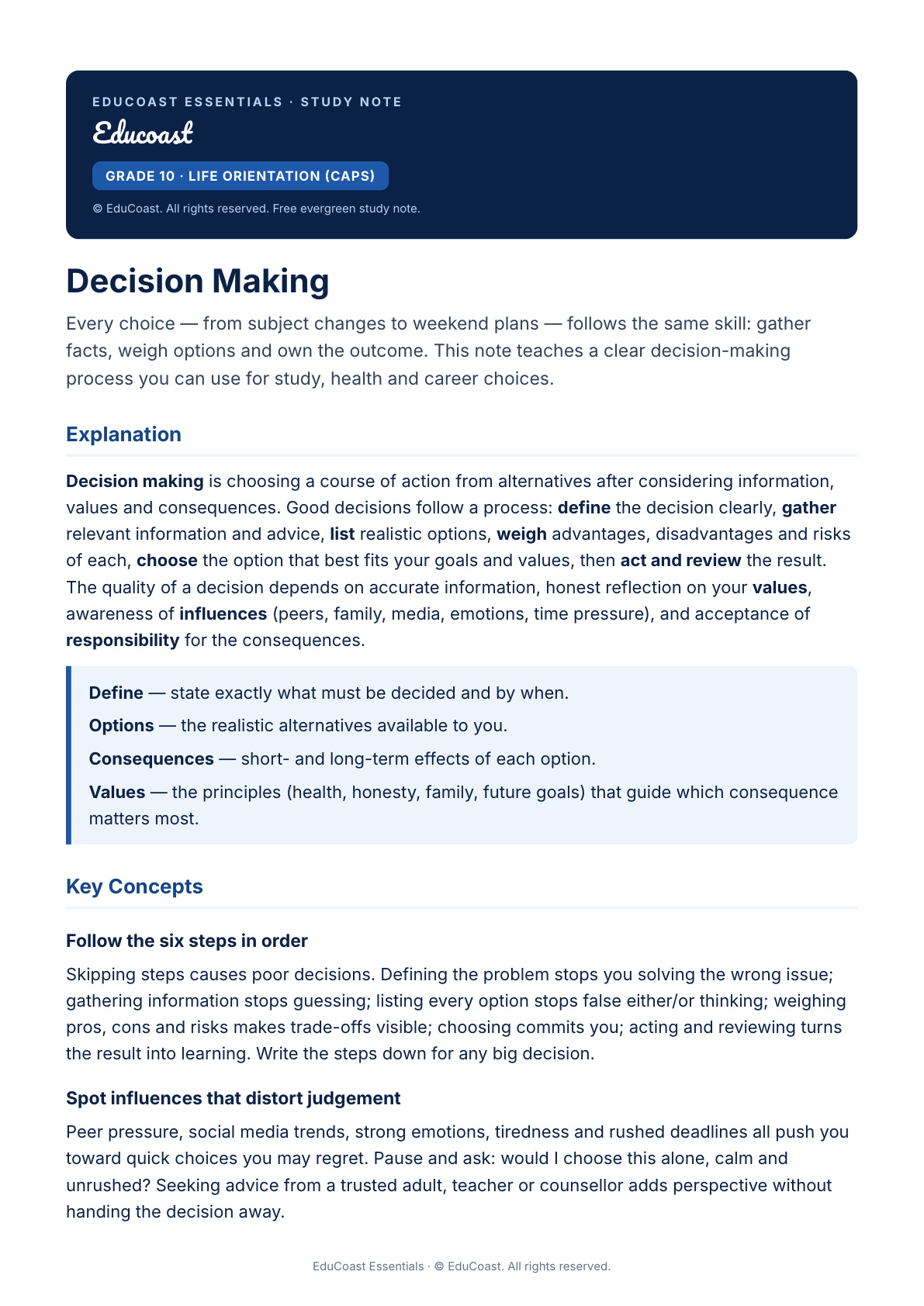 Decision Making — Grade 10 Life Orientation (CAPS)