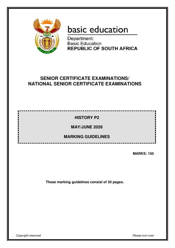 History Grade 12 DBE Caps May 2026 Paper 2 - Memo