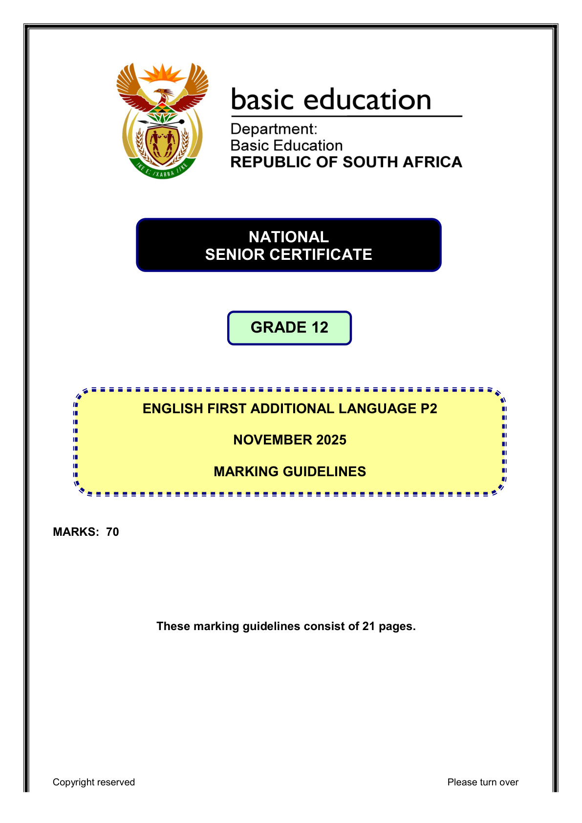 English First Additional Language Grade 12 DBE NSC November 2025 Paper 2 - Memo (Eastern Cape)
