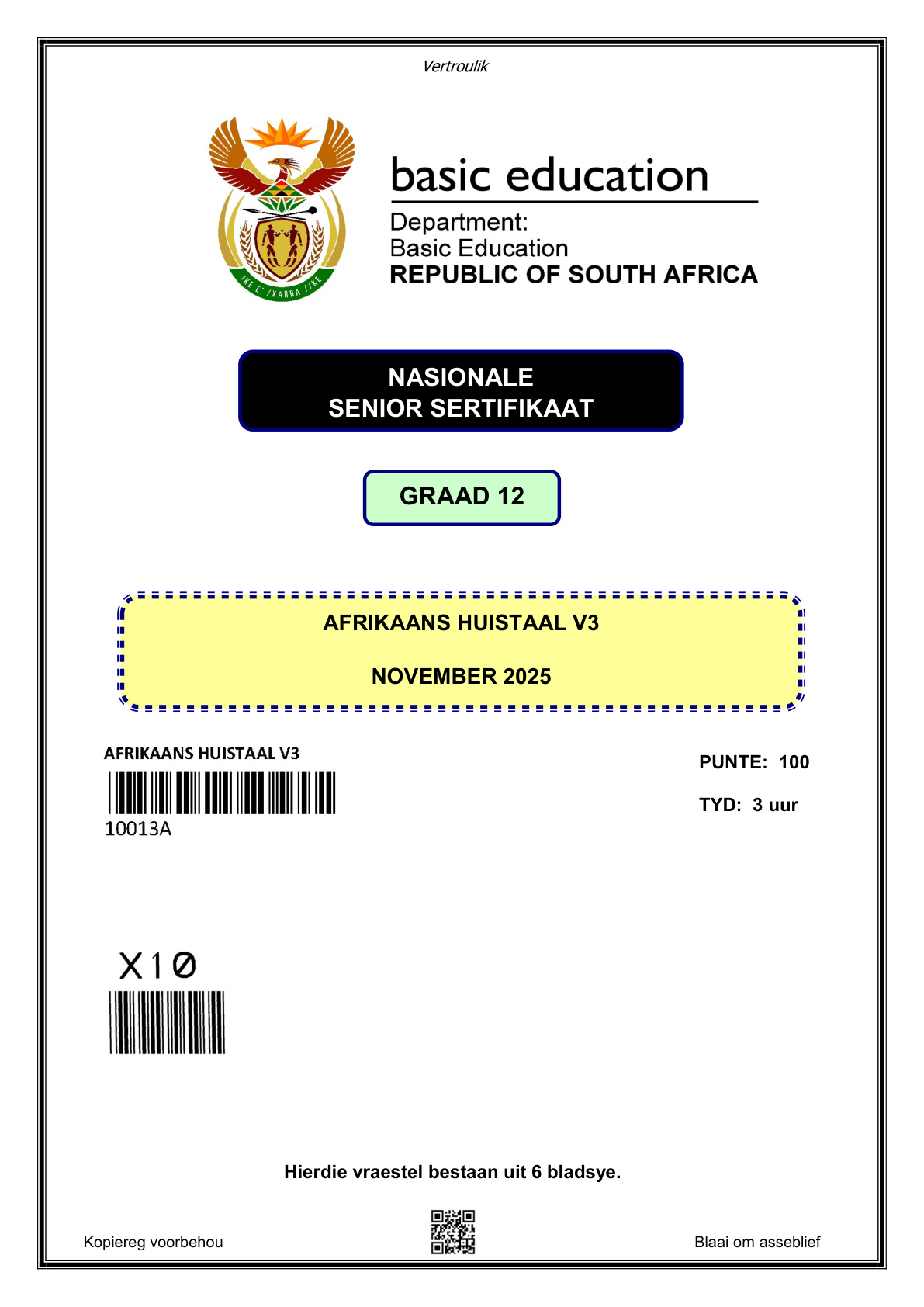 Afrikaans Home Language Paper 3 (Gauteng) November 2025 Grade 12 DBE