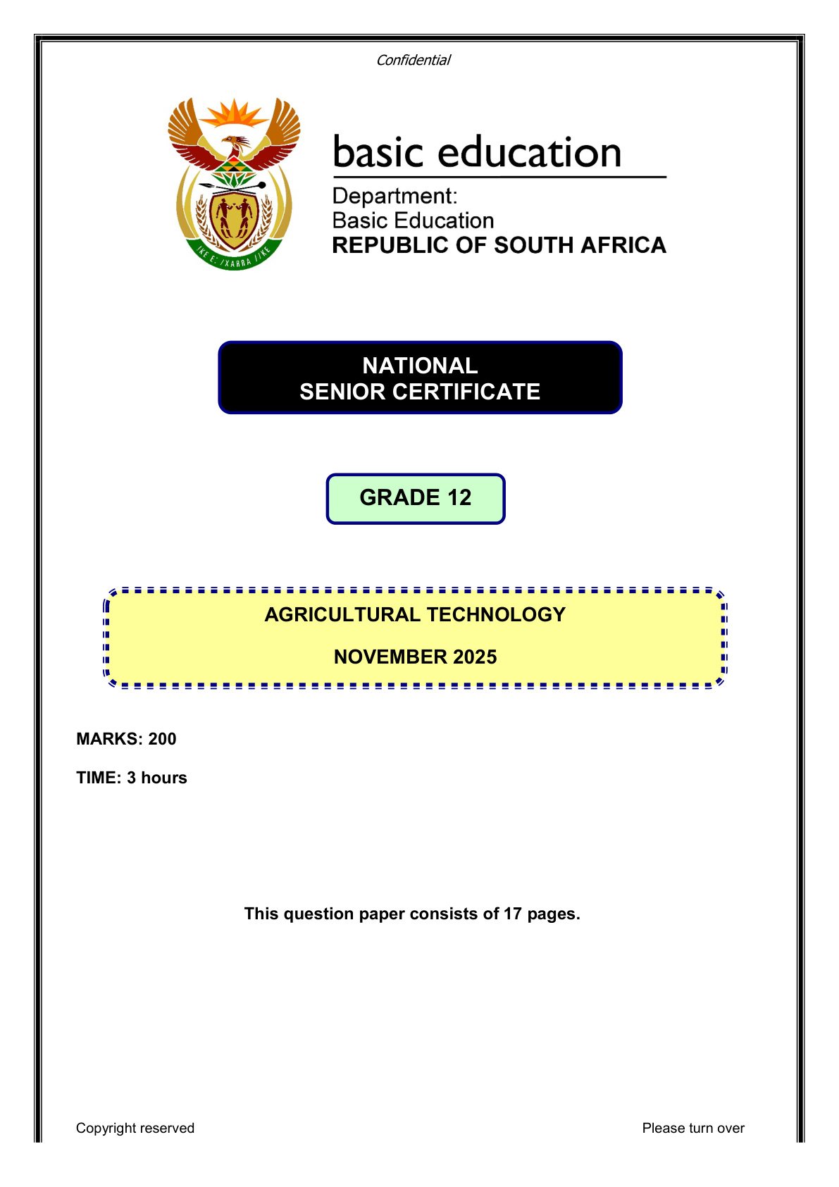 Agricultural Technology Grade 12 DBE NSC November 2025 - Question Paper (Eastern Cape)