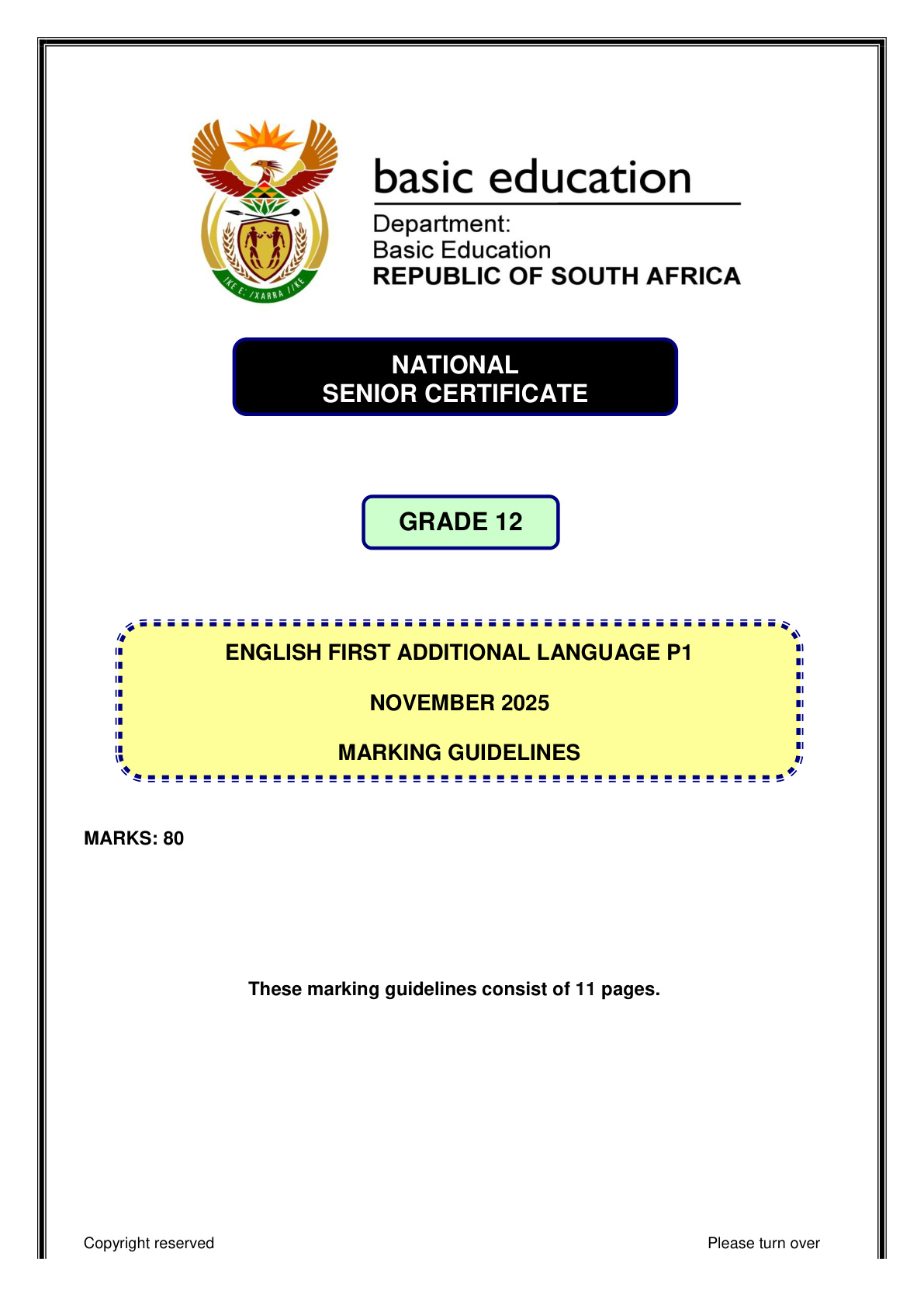 English First Additional Language Grade 12 DBE NSC November 2025 Paper 1 - Memo (Eastern Cape)