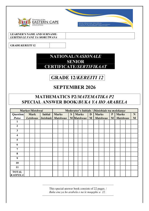 Mathematics Grade 12 DBE Caps September 2026 Paper 2 - Answer Book (Eastern Cape)