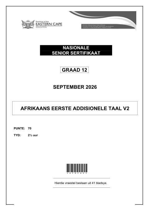 Afrikaans First Additional Language Grade 12 DBE Caps September 2026 Paper 2 - Question Paper (Eastern Cape)