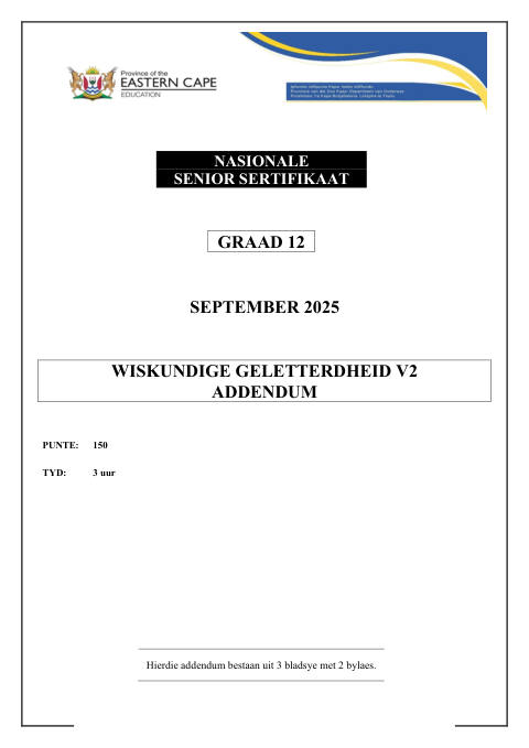 Mathematical Literacy Grade 12 DBE Caps September 2025 Paper 2 - Addendum (Eastern Cape)