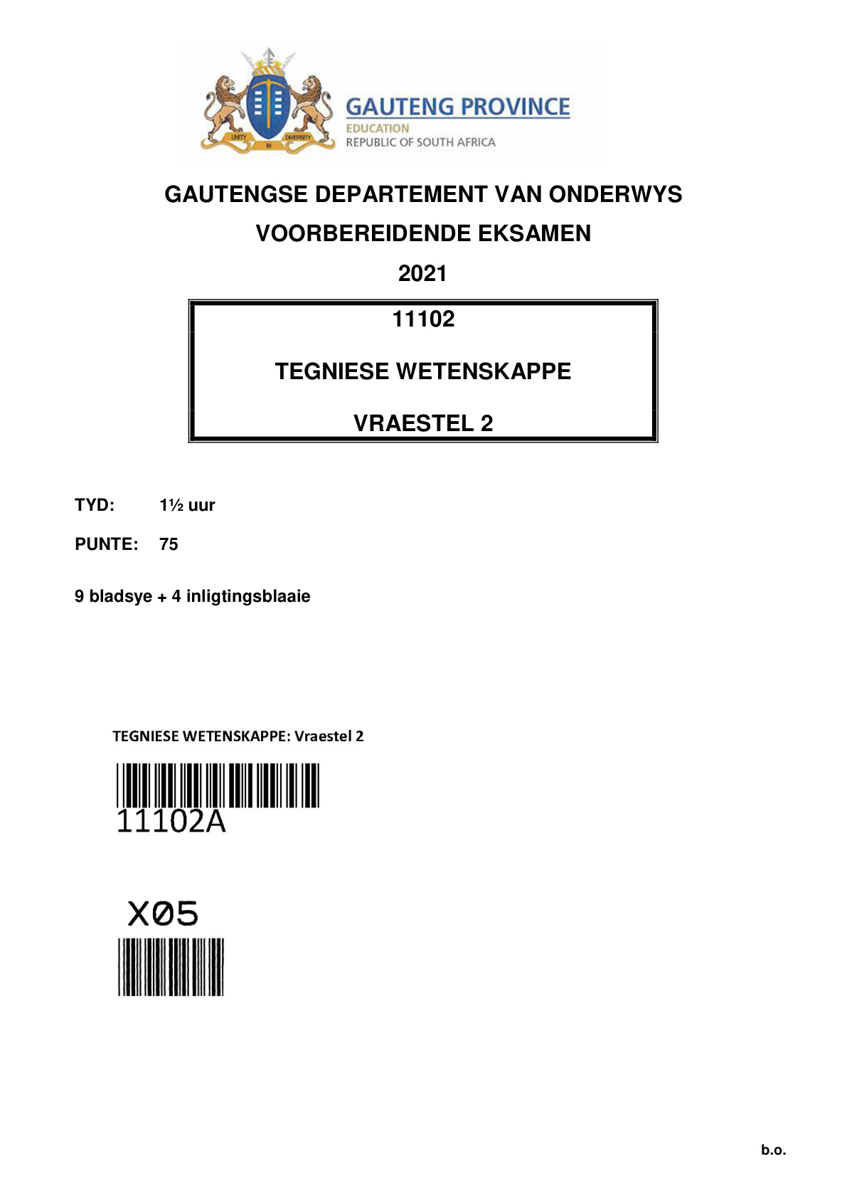 Technical Sciences Paper 2 (Gauteng) Preparatory 2021 Grade 12 DBE