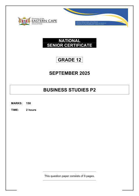 Business Studies Grade 12 DBE Caps September 2025 Paper 2 - Question Paper (Eastern Cape)
