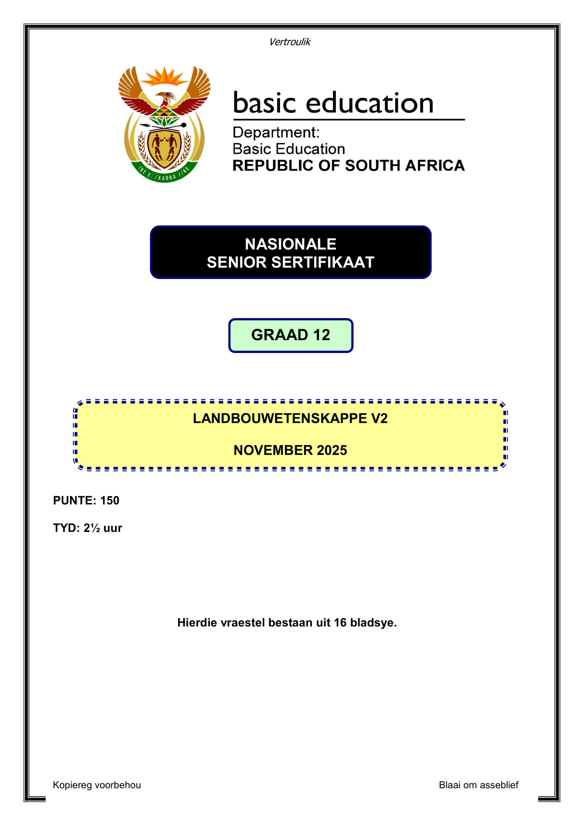 Agricultural Sciences Grade 12 DBE NSC November 2025 Paper 2 - Question Paper (Eastern Cape)
