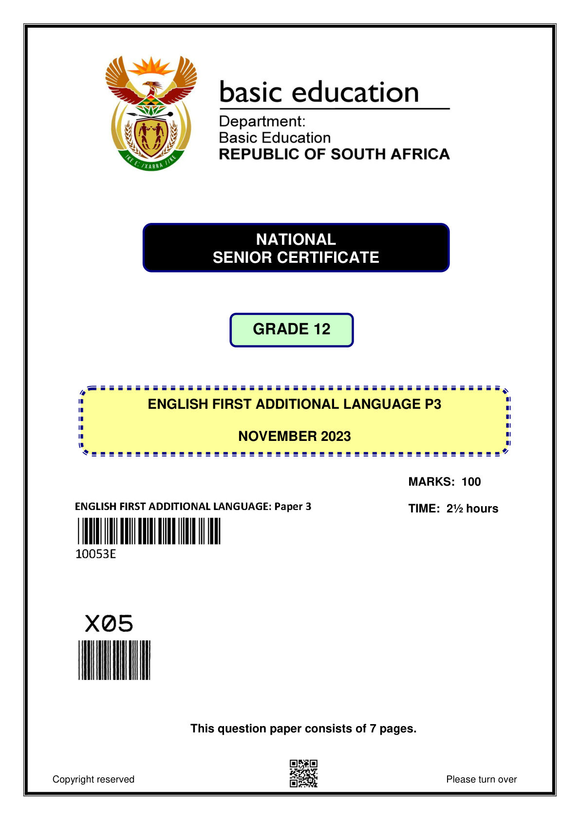 English First Additional Language Paper 3 (Gauteng) November 2023 Grade 12 DBE