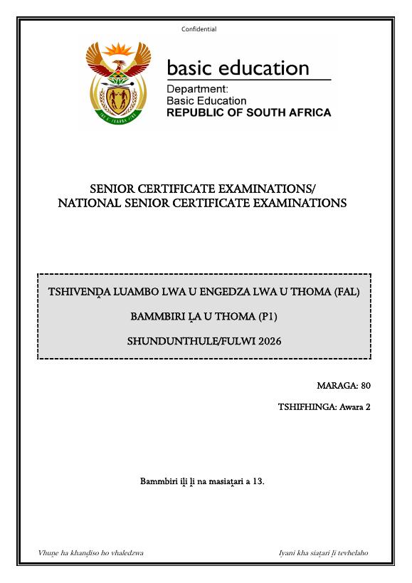 Tshivenda First Additional Language Grade 12 DBE Caps May 2026 Paper 1 - Question Paper