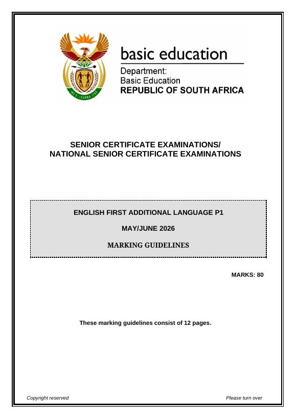 English First Additional Language Grade 12 DBE CAPS May 2026 Paper 1 - Memo