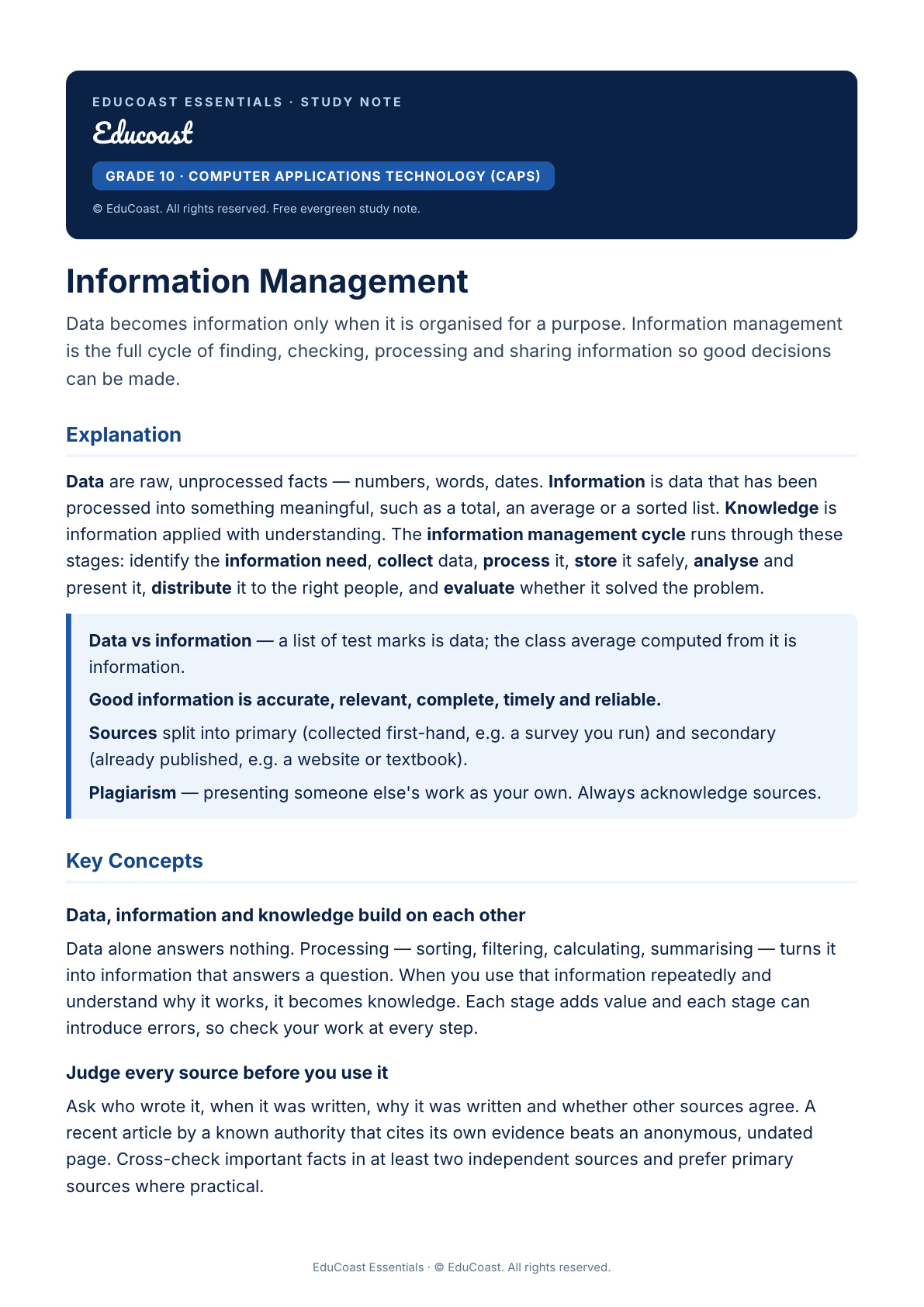 Information Management — Grade 10 CAT (CAPS)
