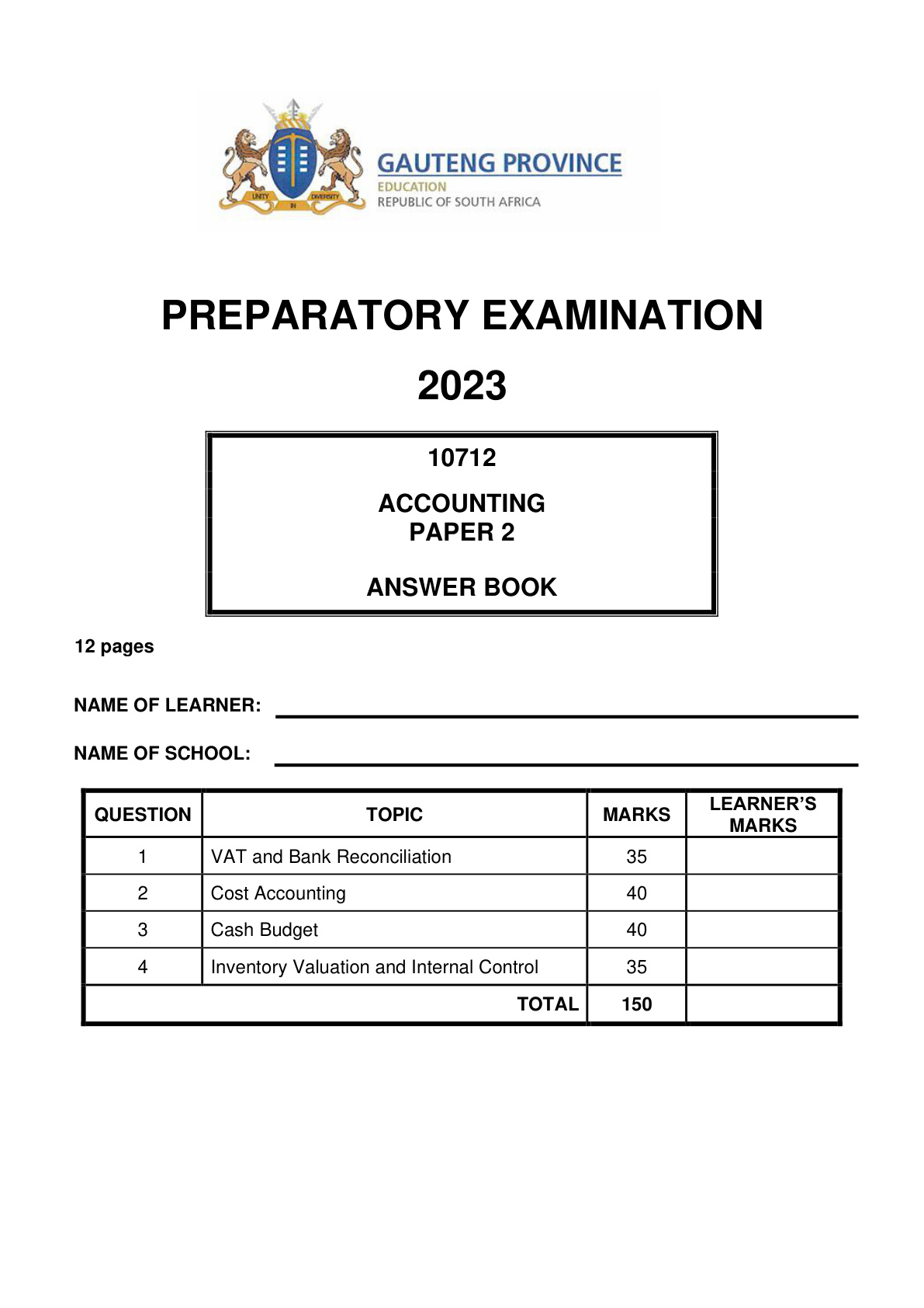 Accounting Paper 2 Answer Book (Gauteng) Preparatory 2023 Grade 12 DBE