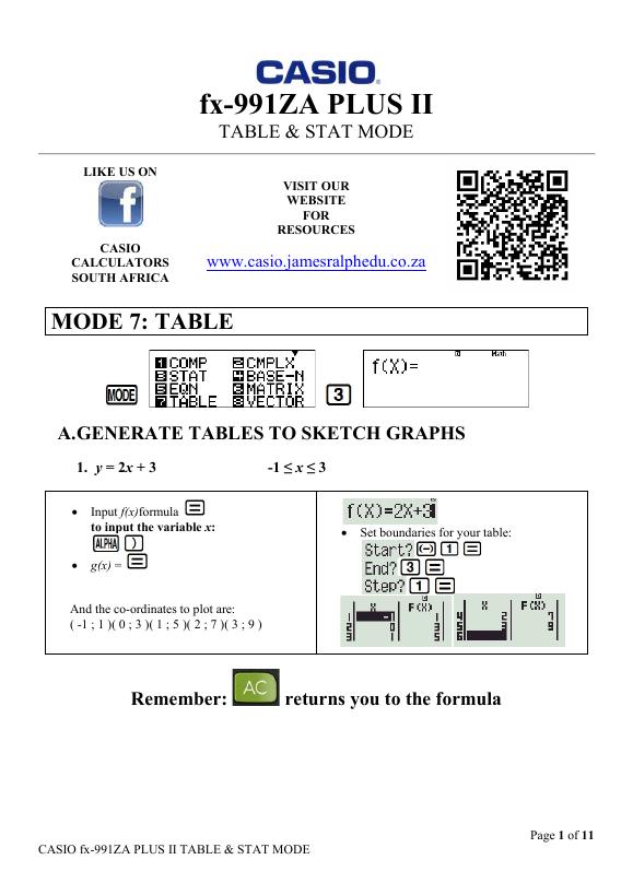 Casio Fx-991Za Plus Ii - Table & Stats Modes