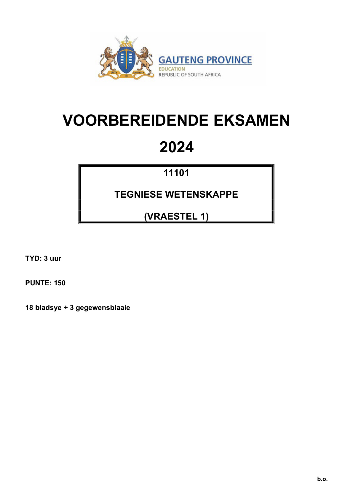 Technical Sciences Paper 1 (Gauteng) Preparatory 2024 Grade 12 DBE