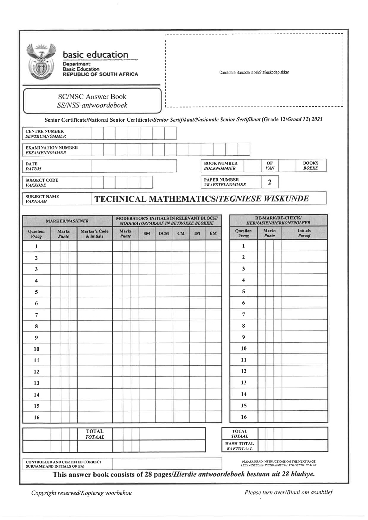 Technical Mathematics Paper 2 Answer Book (Gauteng) June 2023 Grade 12 DBE